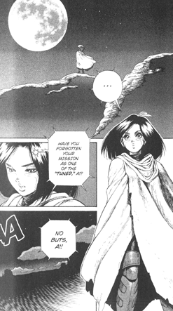 Scanned page section from Battle Angel Alita Vol 6, copyright Yukito Kushiro 1996 (reproduced under fair dealings review exemption)