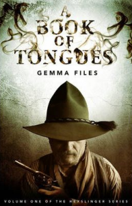 Cover art for A Book of Tongues showing a moustachio'd mountie whose face is shadowed by the brim of his hat.