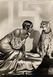 bakercat Black and white photo of African-American performer Josephine Baker in a satin dress, posing with her pet leopard