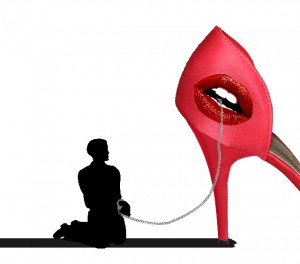 Silhouette of a man kneeling down, chained to a giant pink highheeled shoe with a lipsticked, presumably "female" mouth on the side of the shoe's heel. The other end of the chain is held by the shoe-mouth. 