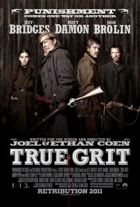Poster for the film showing Hailee Steinfeld, Jeff Bridges, Matt Damon and Josh Brolin staring out at the viewer 