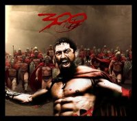Promo image for 300: a shirtless muscled man roars in front of his army