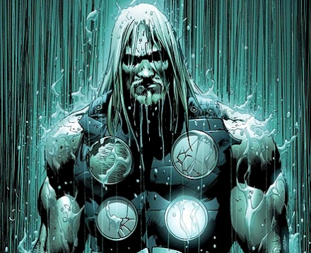 Image from Mark Millar's Thor comics Thor a musclebound figure lit in