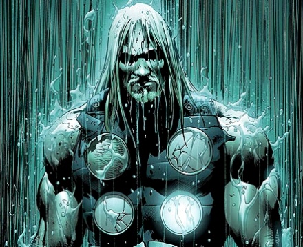 Image from Mark Millar's Thor comics Thor a musclebound figure lit in Image from Mark Millar's Thor comics Thor a musclebound figure lit in