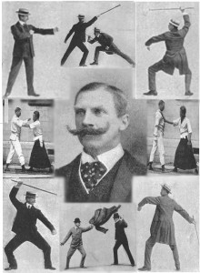 A montage of images showing a man in 1900's clothing in a series of martial-arts stances, holding a walking stick like a sword. In the centre is a photo of E W Barton-Wright, who has a truly impressive moustache.