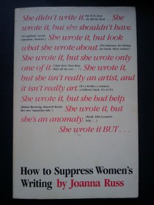 Front cover of How To Suppress Women's Writing by Joanna Russ. Cover has no image, just pink and black text on a white background. Photo by Flickr user Liz Henry, shared under a Creative Commons license.
