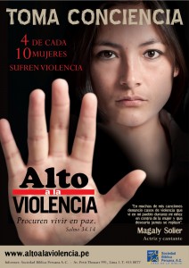 Magaly Solier raises her hand on an anti violence campaign poster