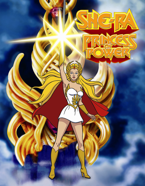 SheRa title screen a blonde woman in a white dress and red cape