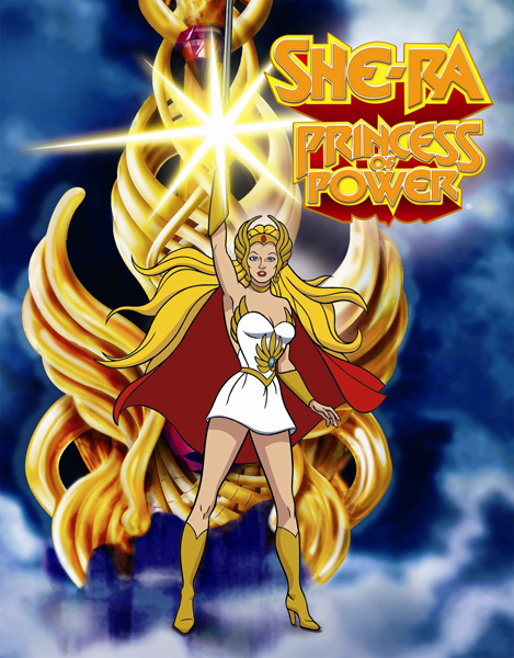 SheRa title screen a blonde woman in a white dress and red cape SheRa title screen a blonde woman in a white dress and red cape