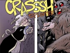 panel from Bone showing Grandma Ben in action: a little old lady grabbing a furry monster by reaching from one panel of the comic to the other with both fists and the sound effect 'CRASSSH'