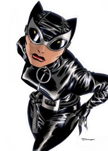 promo image showing Ed Brubaker's 2001 Emma Peel inspired Catwoman, seen from above and posing in a black catsuit and goggles