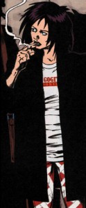 Yelena Rossini from Transmetropolitan, a white, scruffily-purple-haired young woman smoking moodily