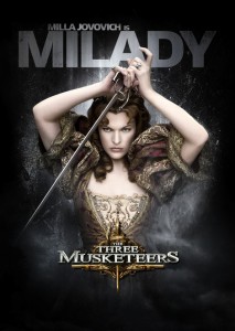 poster promoting Milady with 'Milla Jovovich is... Milady' headline in grey all caps, showing Milla Jovovich (a white young woman with pale skin and auburn ringlets) brandishing a sword in an elaborate brocade dress