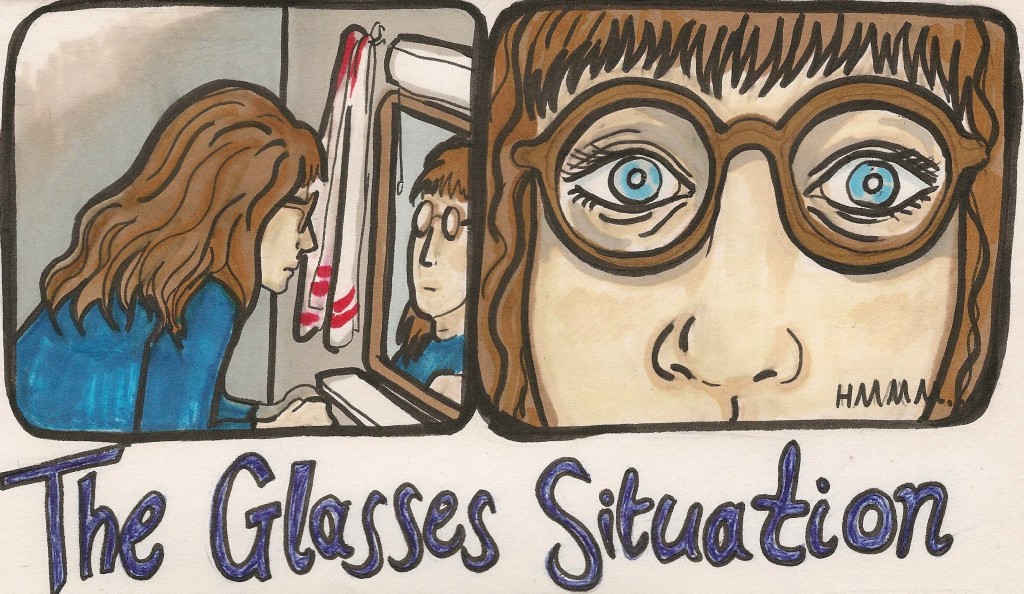 glasses Cartoon of a girl with a fringe and glasses looking in the mirror