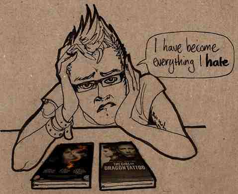 markgraftgwtdt A drawing of a young man, leaning on a table, his face in his hands. He has a half-disgusted, half-exasperated expression on his face. In front of him on the table, there are DVDs of both the original Girl With The Dragon Tattoo and the remake. He is saying,