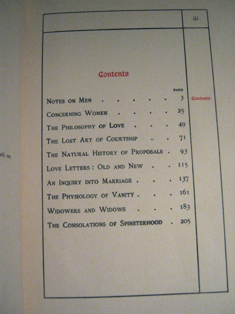 contents Contents page of The Spinster Book, laid out in red and black typeface. Photo by the author.