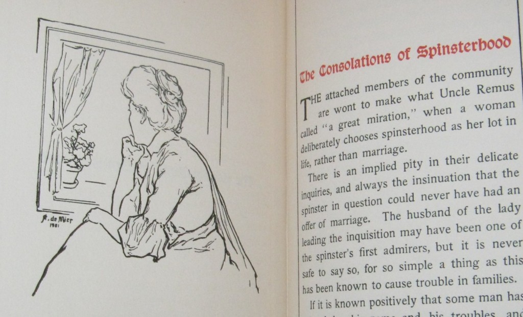 spinsterconsolations Opening layout of the chapter The Consolations of Spinsterhood, with a line drawing of a woman gazing out of a window. Photo by the author