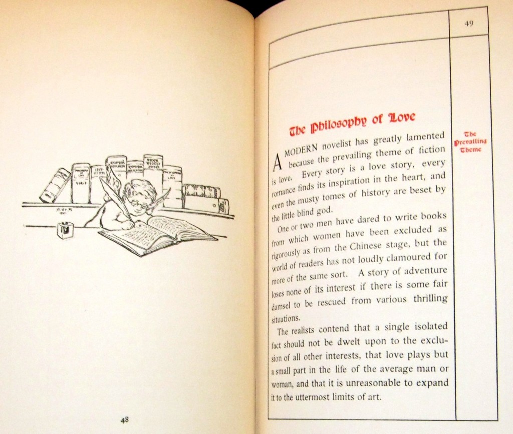 z spinster 005__ Book open at the chapter The Philosophy of Love, with a line drawing of a cherub in spectacles writing in a book with a quill. Photo by the author.